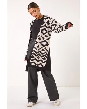Roman Mono Geometric Pattern Knit Cardigan - Black