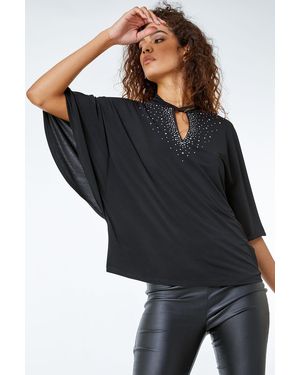 Roman Twist Neck Embellished Keyhole Top - Black