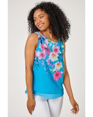 Roman Petite Floral Print Chiffon Overlay Top - Blue
