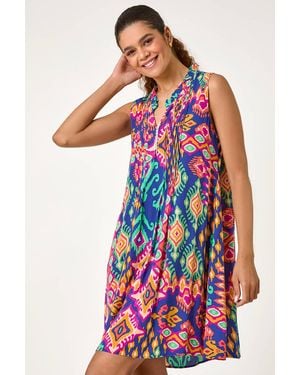 Roman Aztec Print Pintuck Detail Smock Dress - Red