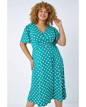 Roman Curve Spot Print Midi Wrap Dress - Blue