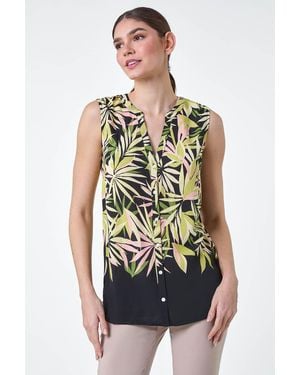 Roman Sleeveless Leaf Print Blouse - Green