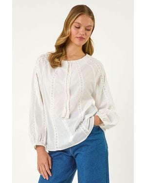 Roman Lace Trim Tie V-Neck Top - White