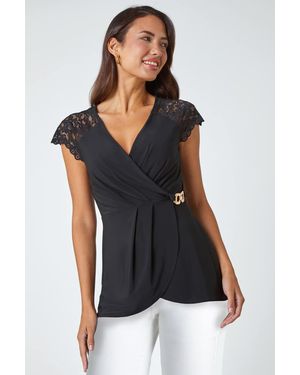 Roman Lace Trim Stretch V-Neck Wrap Top - Black