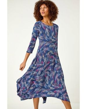 Roman Abstract Hanky Hem Stretch Midi Dress - Blue