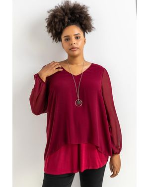 Roman Curve Chiffon Top With Necklace - Red