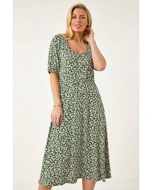 Roman Petite Floral Print Button Midi Dress - Green