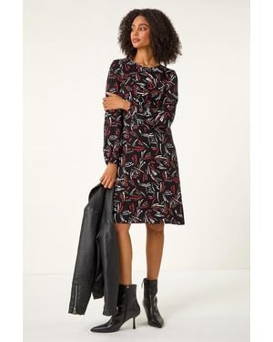 Roman Abstract Print Gathered Stretch Dress - Black