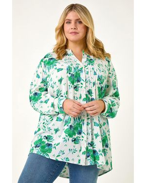 Roman Curve Floral Print Pintuck Blouse - Green