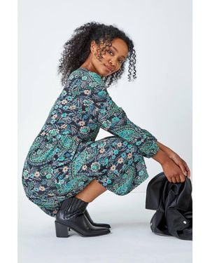 Roman Petite Paisley Tiered Stretch Dress - Blue