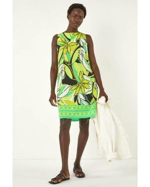 Roman Tropical Leaf Border Shift Dress - Green