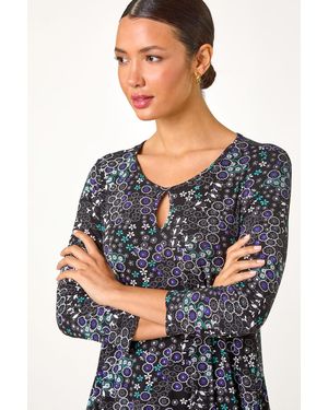 Roman Abstract Circle Print Cutout Tunic Top - Grey