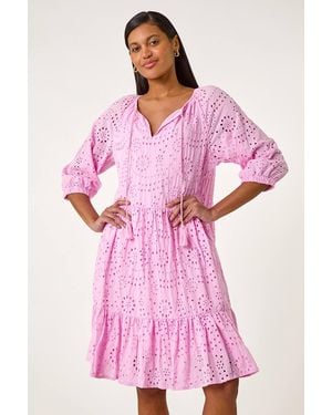 Roman Cotton Broderie Tiered Smock Dress - Pink