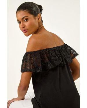Roman Lace Trim Bardot Top - Black