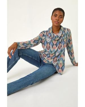 Roman Printed Cowl Neck Knit Top - Blue