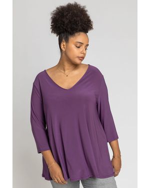 Roman Curve Plain V Neck Jersey Top - Purple