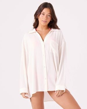 Roxy Solid Crinkle Long Sleeve Cover Up Camp Shirt - White