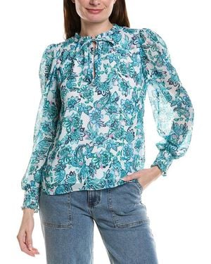 Cece Smocked Cuff Ruffle Blouse - Blue