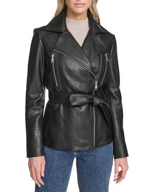 Andrew Marc Leather Belted Moto Jacket - Black