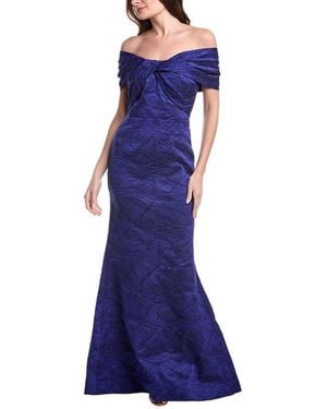 Teri Jon Textured Jacquard Off Shoulder Twist Bodice Gown - Blue