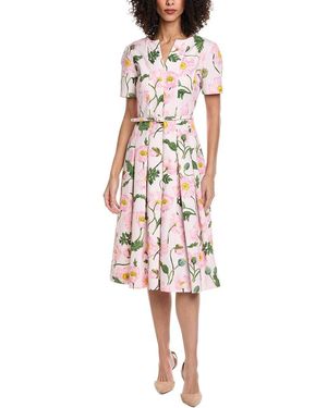 Oscar de la Renta Split Neck Painted Poppies Silk-Lined A-Line Dress - White