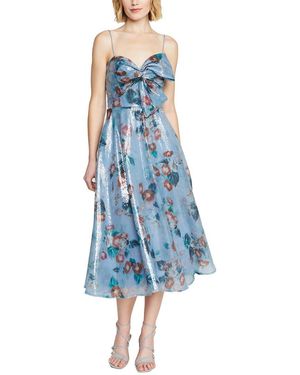 THEIA Paisley Bow Drape Dress - Blue
