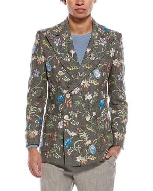 Gucci Floral Embroidered Wool & Linen-Blend Plaid Jacket - Grey