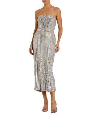 Mac Duggal Sequin Beaded Strapless Tea-Length Sheath Dress - Natural
