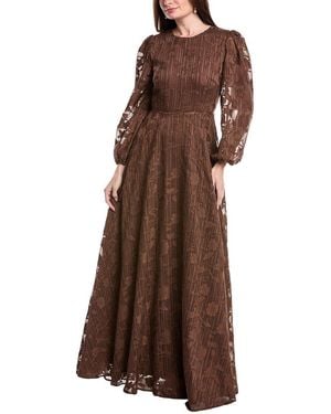 Rene Ruiz Bishop Sleeve Ornate Texture Empire Gown - Brown