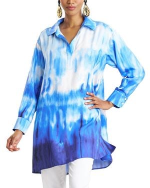 Natori Santorini Printed Silk-Blend Oversized Shirt - Blue