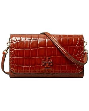 Tory Burch Thea Embossed Shiny Leather Flat Wallet Crossbody - Red