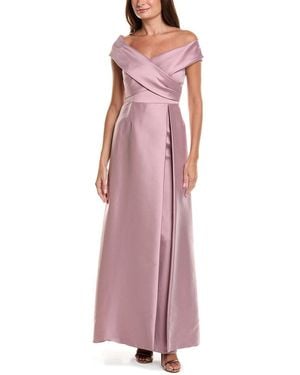 Teri Jon Mikado Off-Shoulder Overlay Skirt Gown - Purple