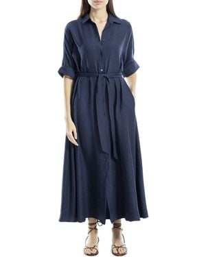 Max Studio Large Roll Sleeve Belted Dress - Blue