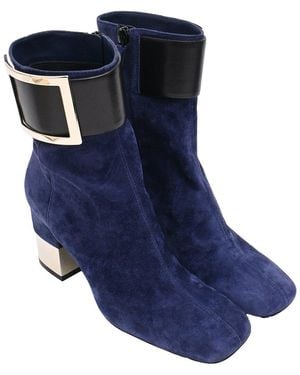 Roger Vivier Suede So Vivier Buckled Bootie (Authentic Pre-Loved) - Blue