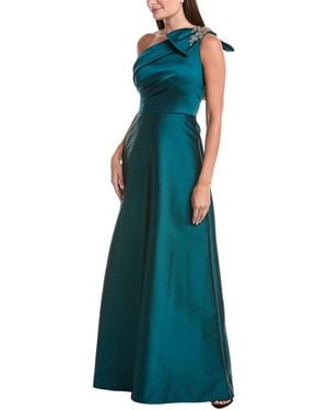 Teri Jon Mikado Asymmetrical Jewel Bow Shoulder Gown - Green