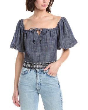 NVLT Embroidered Balloon Sleeve Linen-Blend Top - Blue