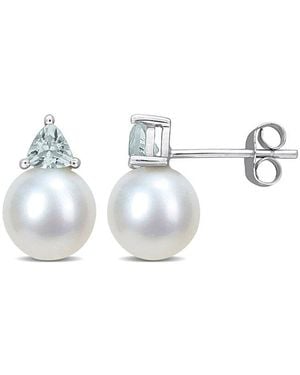 Rina Limor 10k 0.40 Ct. Tw. Aquamarine & 8-8.5mmmm Pearl Studs - White