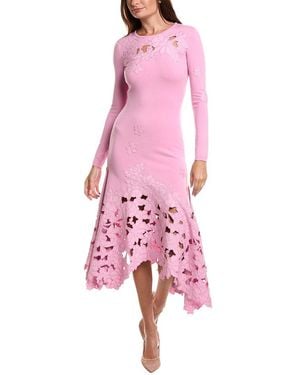 Oscar de la Renta Long Sleeve Lace Hem Drape Knit Maxi Dress - Pink