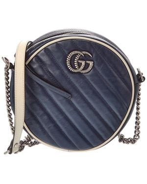 Gucci Matelasse Diagonal Leather Mini Torchon Gg Marmont Round Crossbody (Authentic Pre-Loved) - Blue