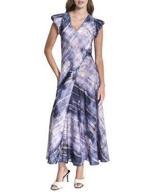 DKNY Puff Sleeve Satin Dress - Blue