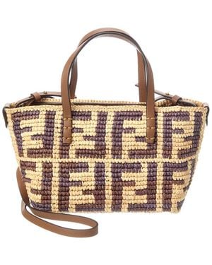 Fendi Roll Mini Ff Raffia & Leather Tote - Metallic