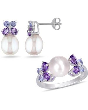 Rina Limor Silver 1.98 Ct. Tw. Diamond & Gemstone 8-8.5mm Pearl 2-piece Set - Blue