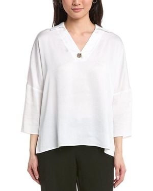Joseph Ribkoff V-Neck Brooch Top - White