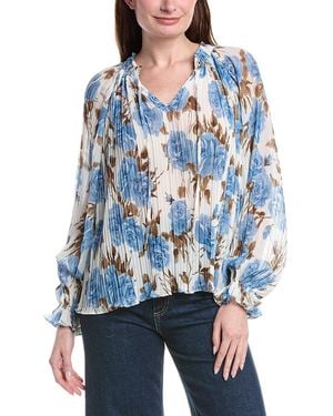 Philosophy Smocked Tie Neck Printed Plisse Blouse - Blue