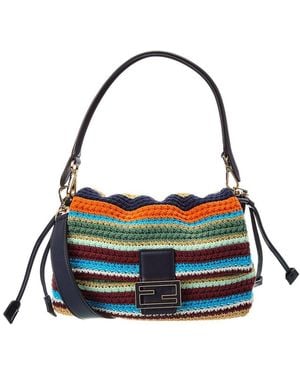 Fendi Mamma Baguette Medium Crochet & Leather Shoulder Bag - Black