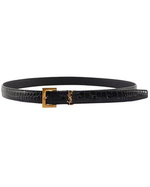 Saint Laurent Croc-Embossed Leather Belt - Black