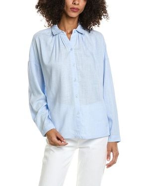 Max Studio Shirred Yoke Linen-Blend Shirt - Blue