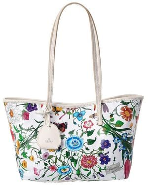 Gucci Tribeca Small Flora Canvas & Leather Tote - White
