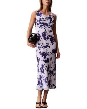 Calvin Klein Printed Chiffon Cowl Neck Maxi Dress - Purple