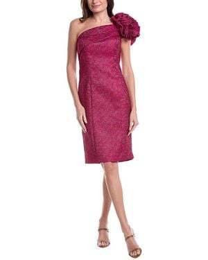 Teri Jon Metallic Pebble Jacquard One Shoulder Flower Ruffle Dress - Red